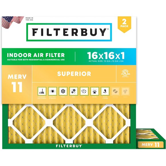 Filterbuy 16x16x1 MERV 11 (MPR 1200) Allergen Defense, Pleated HVAC AC Furnace Air Filters (2-Pack)