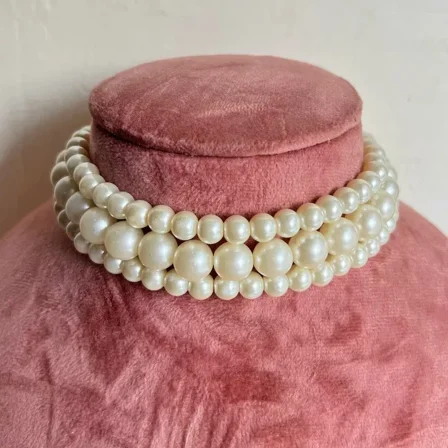 3 Strand Women Chunky Jewelry 14"Inch Cream Faux White Pearls Choker Necklace