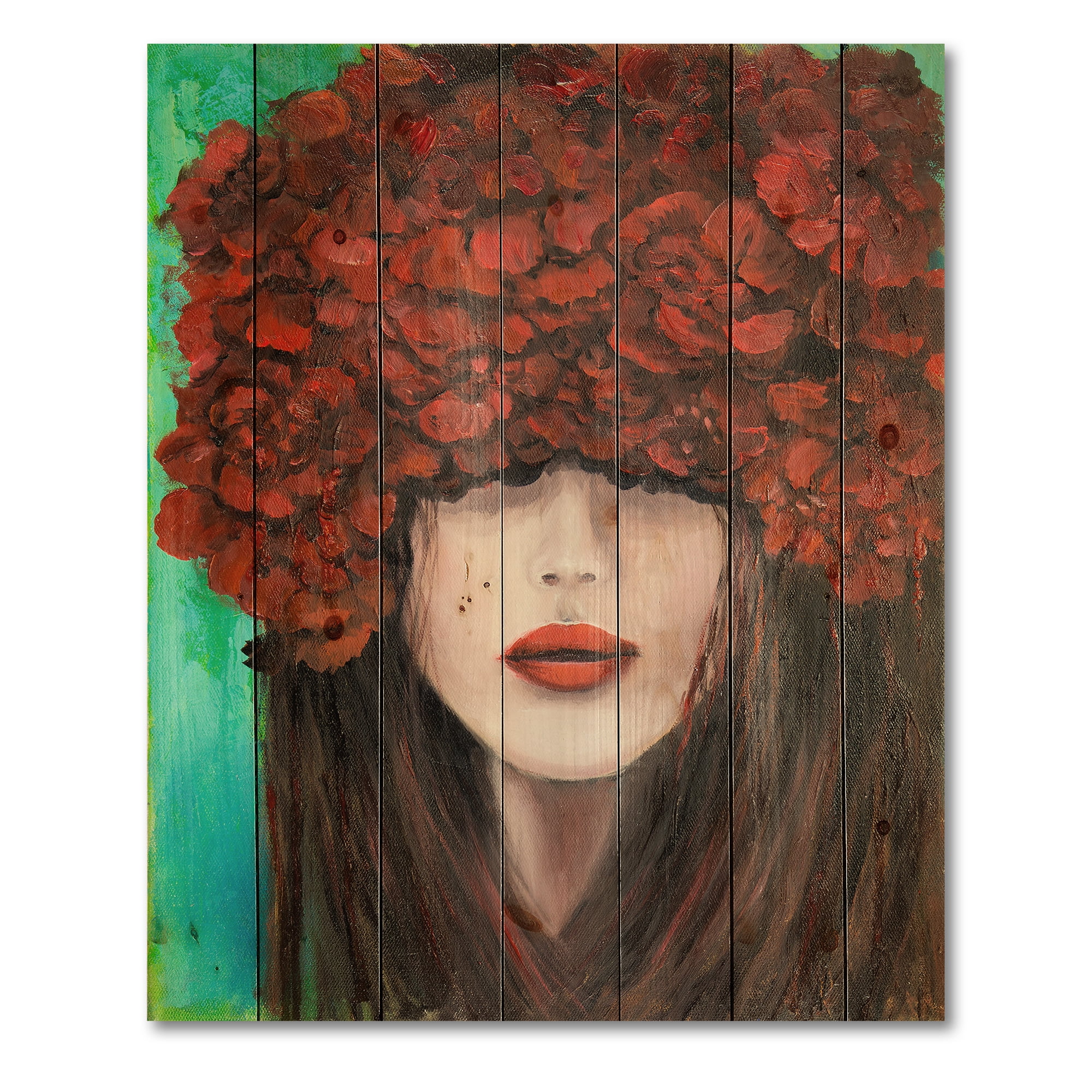 Designart 'Portrait Of A Young Lady With Red Flowers' Modern Print on Natural Pine Wood
