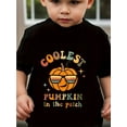 thumbnail image 1 of Halloween T-shirt - "Coolest Pumpkin in the Patch" Print, Black Short Sleeve Casual Top with Fashion Glasses Design, Medium Stretch Round Neck for Summer & Fall Festive Wear, Halloween, 1 of 6