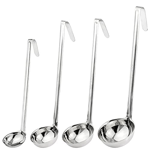 Fit Meal Prep Stainless Steel Soup Ladle One-Piece Sauce Spatula with Hook Handles, Commercial Grade Serving Spoon, Kitchen Tool for Restaurant or Home Cooking [Pack of 4] - 2oz, 4oz, 6oz, 8oz