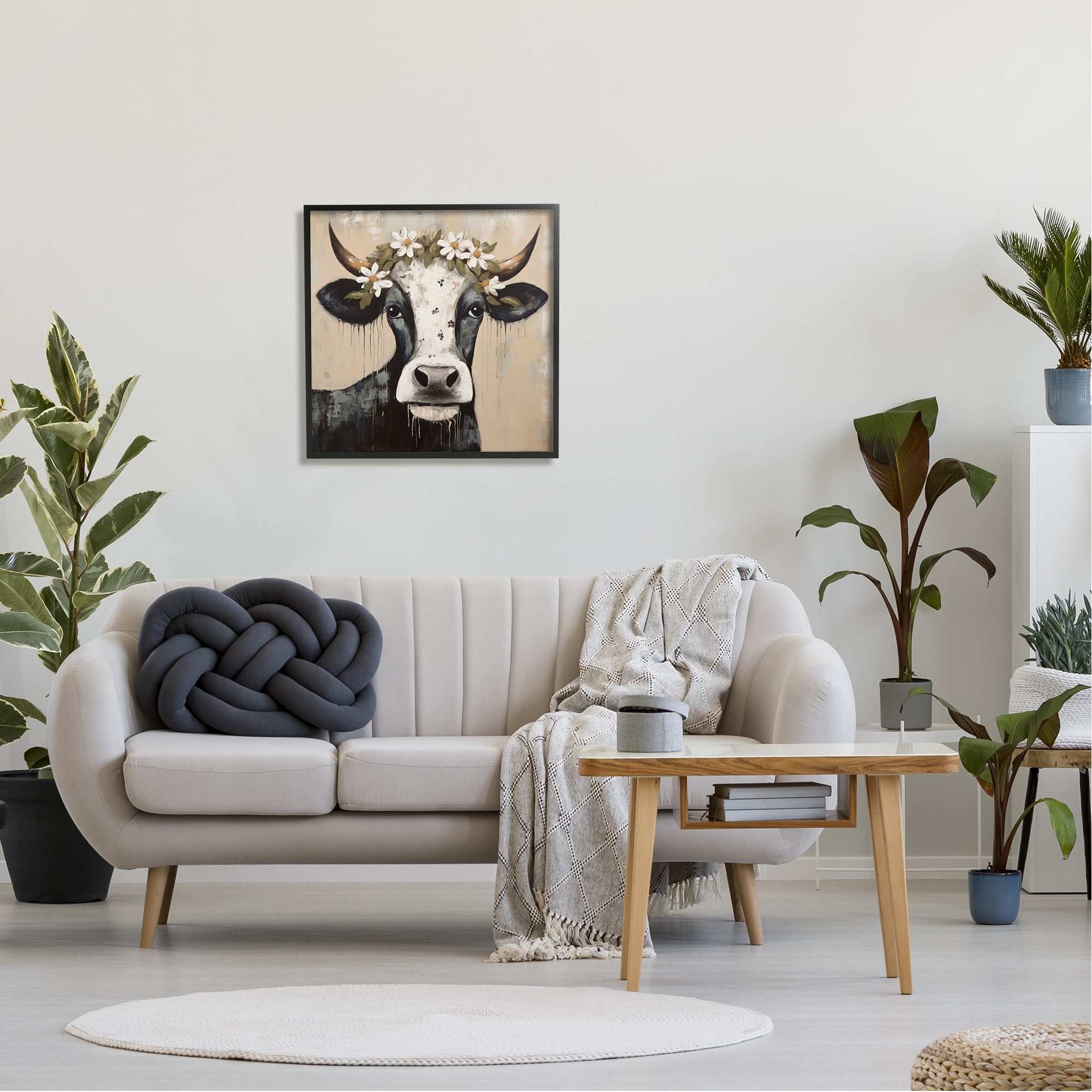 Stupell Industries Black Cow & Daisy Crown Animals & Insects Painting Black Framed Art Print Wall Art, 24 x 24