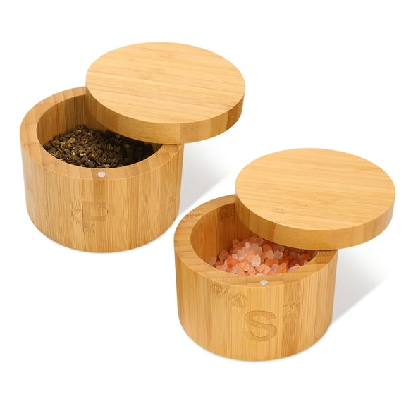 HTB Bamboo Salt Cellar Set with Spoon, Kitchen Spice Containers with Magnetic Swivel Lids, 2 Seasoning Containers Set Engraved with S and P