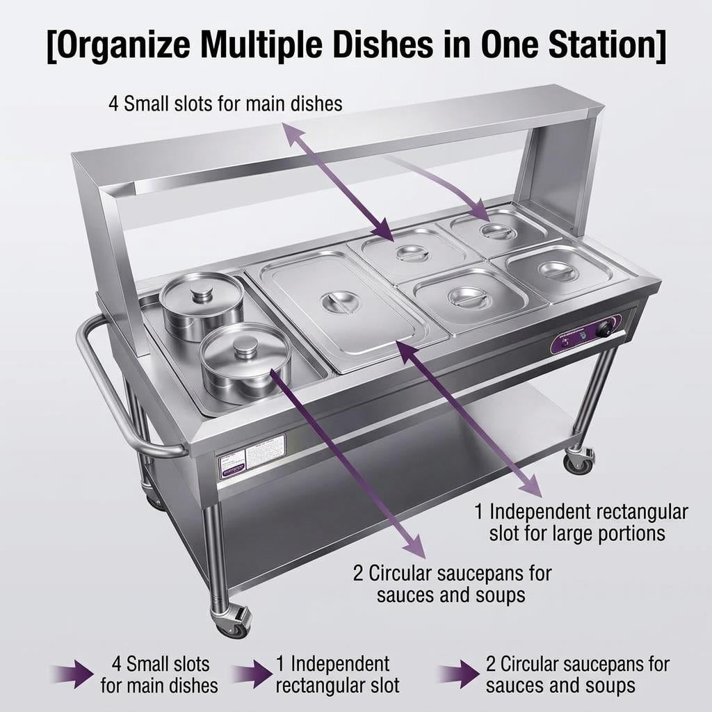 Adjustable Temperature 30℃-110℃ Commercial Food Warmer,Electric Steam Table with Shield Undershelf Wheels,Food Grade Stainless Steel Server for Hotel Catering