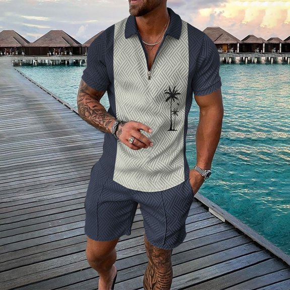 Vedolay summer sets men 2 piece Summer 2 Piece Shirt and Shorts Set Printed Sports Hawaii Beach Style Two Piece Set,White L