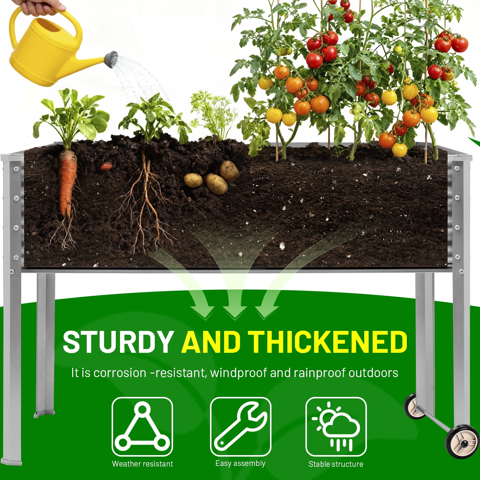 Land Guard Mobile Galvanized Raised Garden Bed with Legs & Wheels, 36''×12''×35'' Large Metal Elevated Raised Planter Box for Backyard, Patio, Balcony, 400lb Capacity(Sliver)