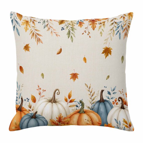 Throw Pillow Covers, Orange Blue Pumpkins Fall 16x16 Pillow Covers for Couch/Sofa/Bed, Thanksgiving Rustic Maple Leaf Decorative Square Linen Cushion Pillowcase for Home Decor