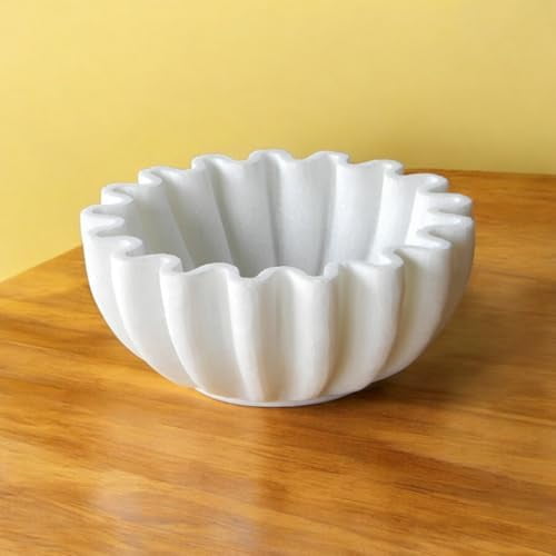 Handmade Natural Marble Ruffle Bowl – 8 Inch Fluted Decorative Bowl for Coffee Table, Kitchen, and Home Décor – Elegant White Stone Fruit Bowl & Trinket Dish