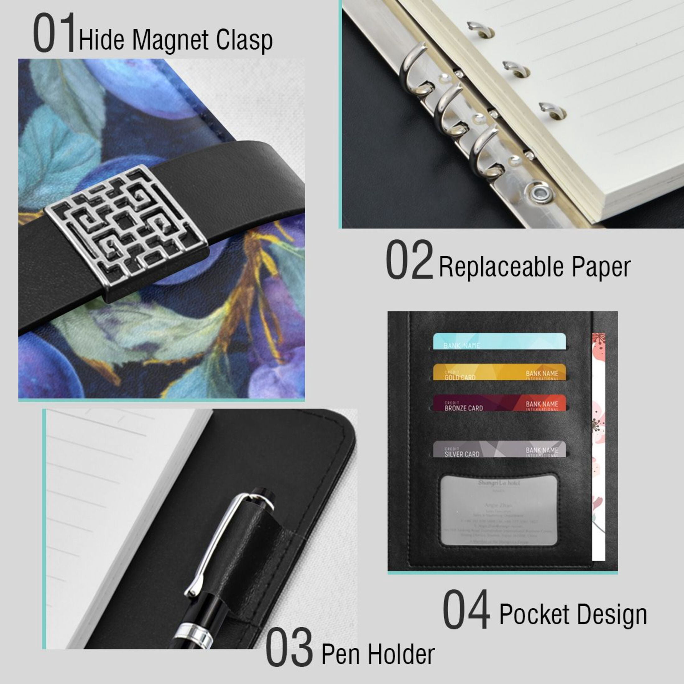 Leather Planner Leather Notebook Notebook Journal Binder Design Pen Pocket Design Convenient for Storage Deep Blue Plum
