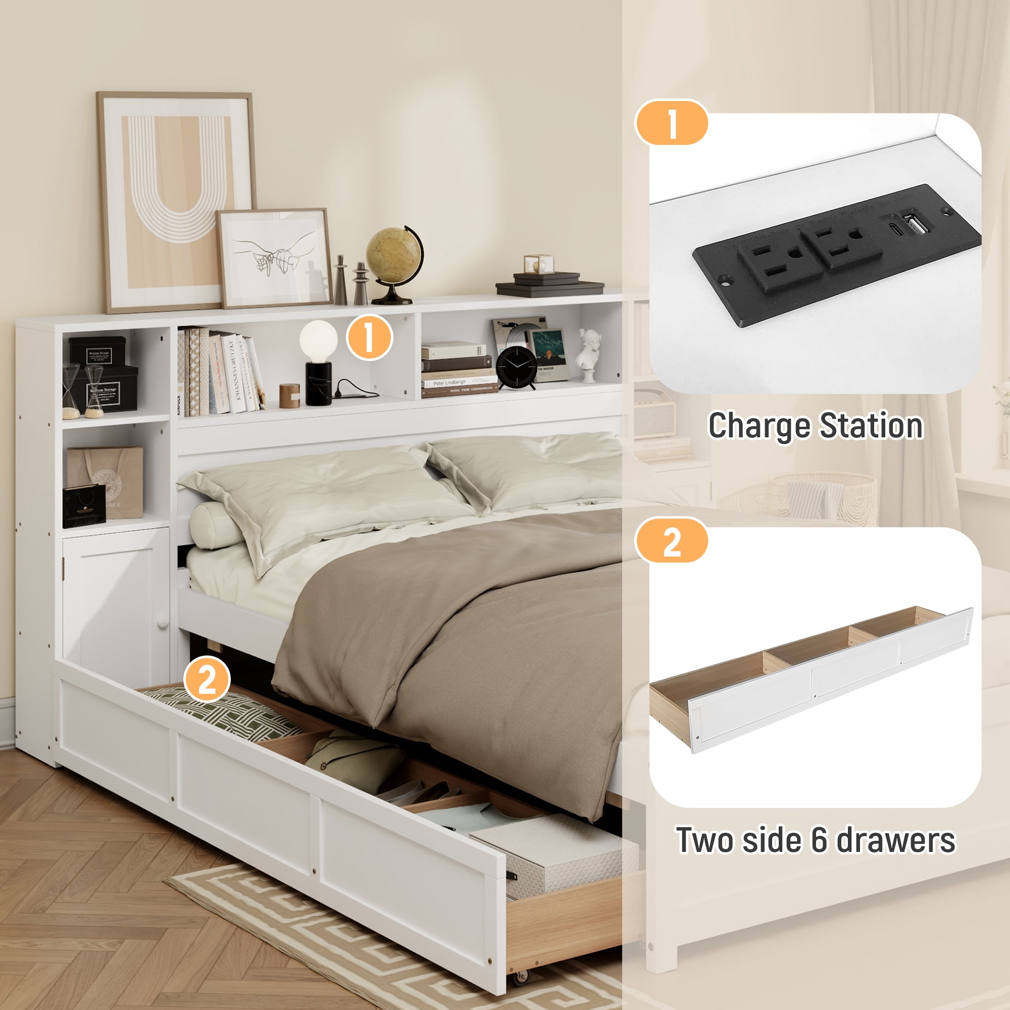 MAYEERTY Twin White Wooden Storage Bed Bookcase Headboard 6 Drawers Charging for Teens Adults