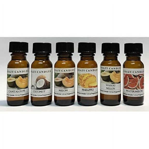 Crazy Candles 6 Bottles Set, 1 Cantaloupe, 1 Coconut, 1 Melon, 1 Pineapple, 1 Waikiki Melon, 1 Watermelon 1/2 Fl Oz Each 15ml