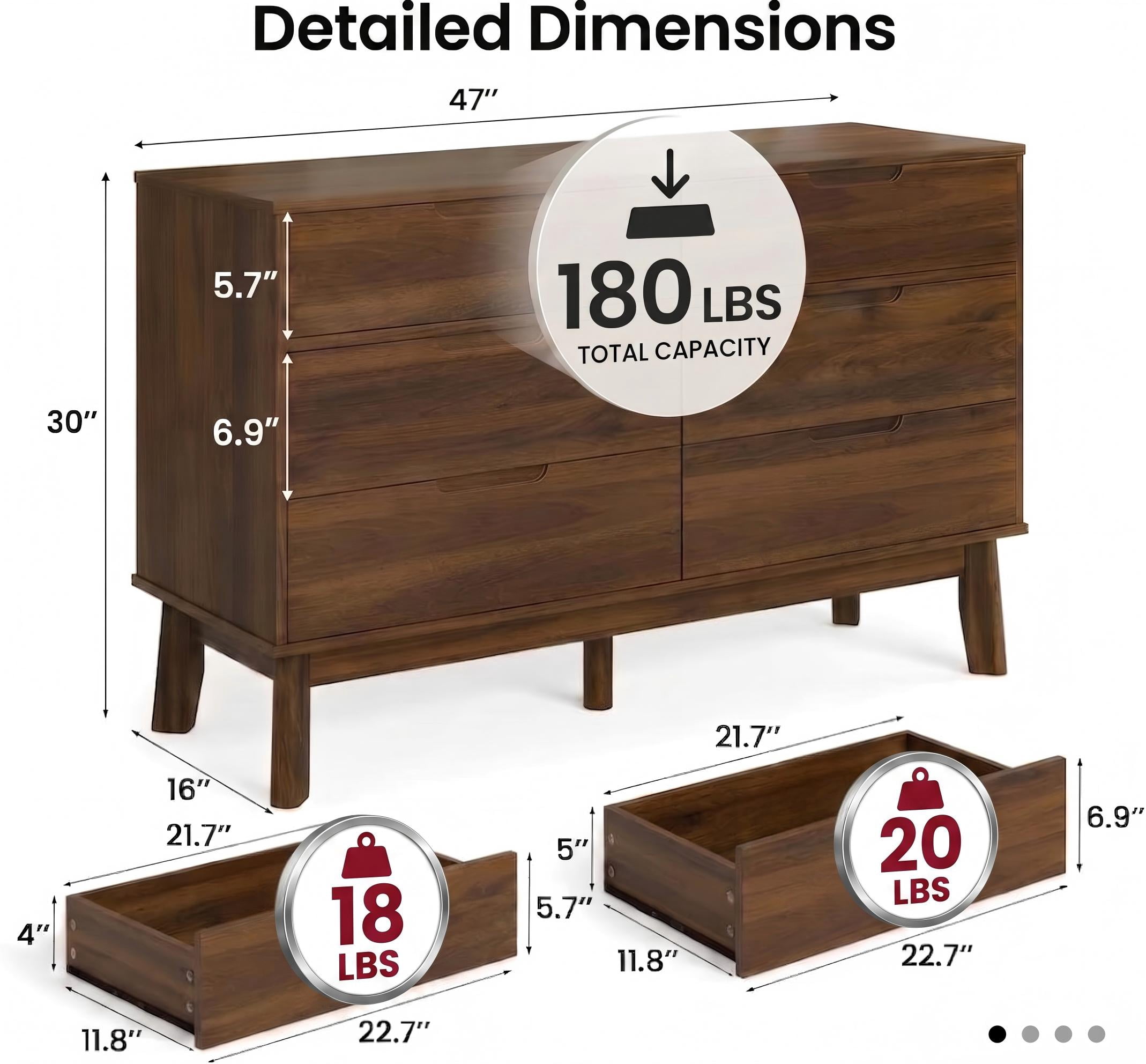 YAURA 47" Wide Walnut Dresser, Mid-Century Modern 6-Drawer Double Dresser, Dark Wood Horizontal Storage Chest for Bedroom