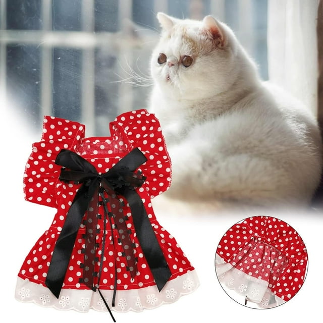 HUGFEGWE Spring Summer Pet Dress, Lace Ruffled Hem Dot Printed Pet Princess Dress with Bowknot Decor, Pet Clothes for Small Medium Girl Dogs Red M U2537-33315
