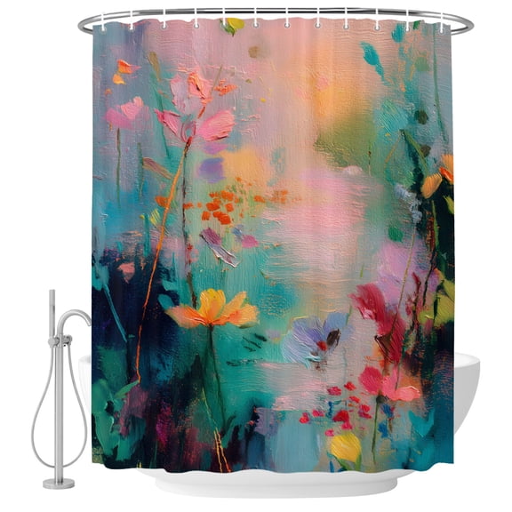 Extra Long Shower Curtain 72x96 Inch, Pink Floral Shower Curtain Waterproof Bathroom Decor, Modern Oil Painting Spring Flowers Fabric Bath Curtain Set Accessories with Hooks