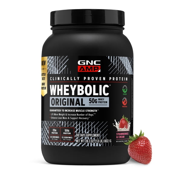 GNC AMP Wheybolic Clinically Proven Protein Powder, 50g Whey Protein, BCAA, Leucine, Increases Muscle Strength, Muscle Building, 3rd Party Tested, Gluten Free, Strawberries & Cream, 13 Servings