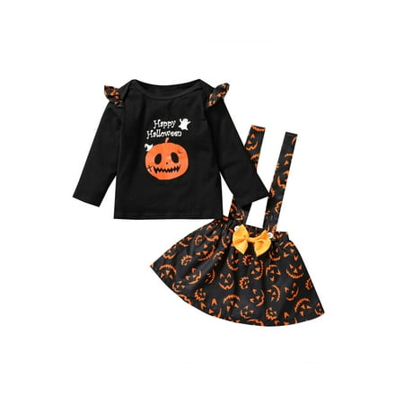

Luckinbaby Girls Pumpkin Print Clothes Set Letter Print Tops+Suspender Skirt