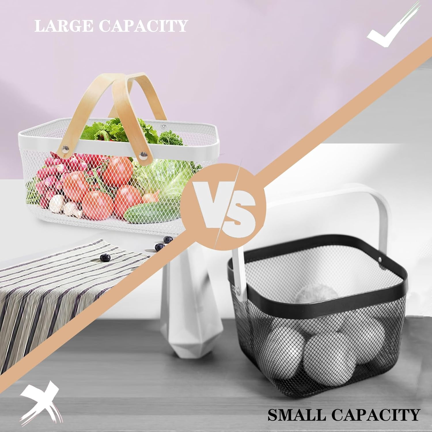 Picnic Harvest Basket Wire Metal Mesh Steel Garden Basket - Produce Storage Basket Multi-Functional Fruit Vegetable Egg Picking Baskets with Handles - Ideal for Kitchen, Bathroom