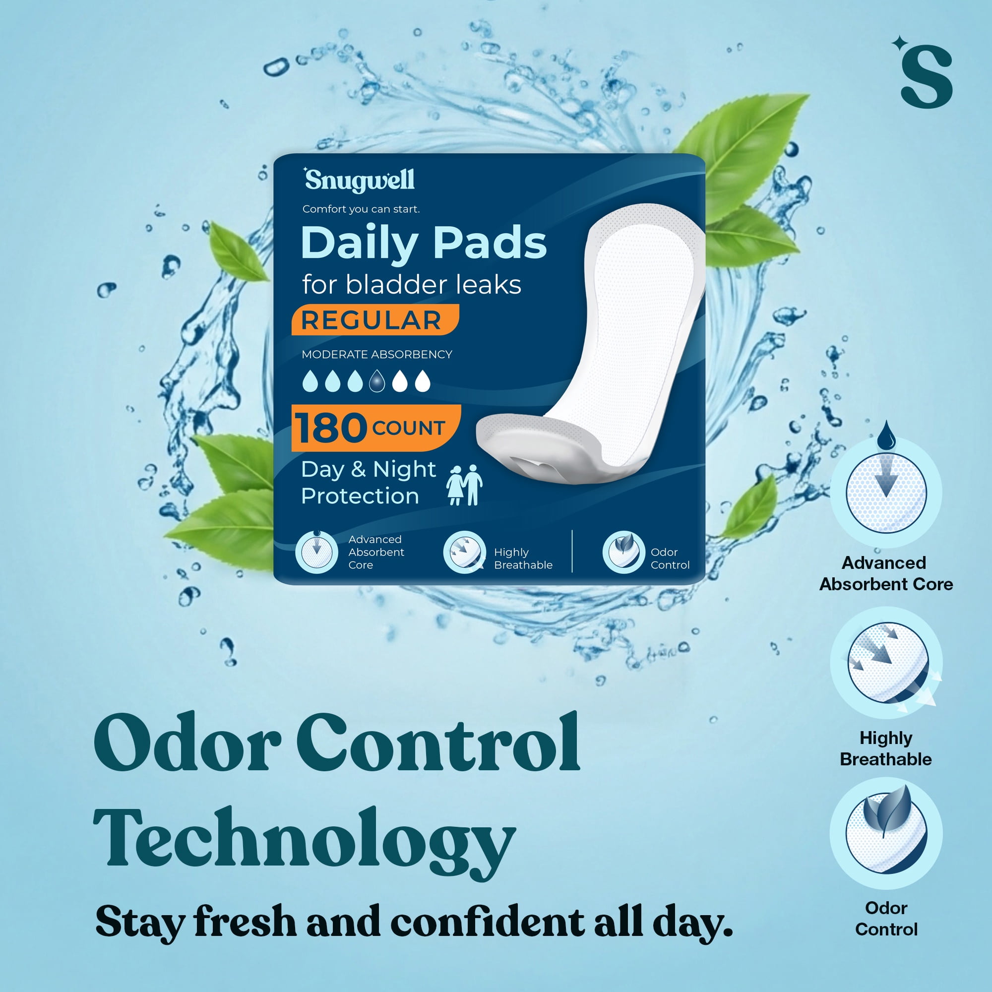 Snugwell Daily Pads for Bladder Leaks, Heavy Absorbency, 9.25 Inch, 180 Count