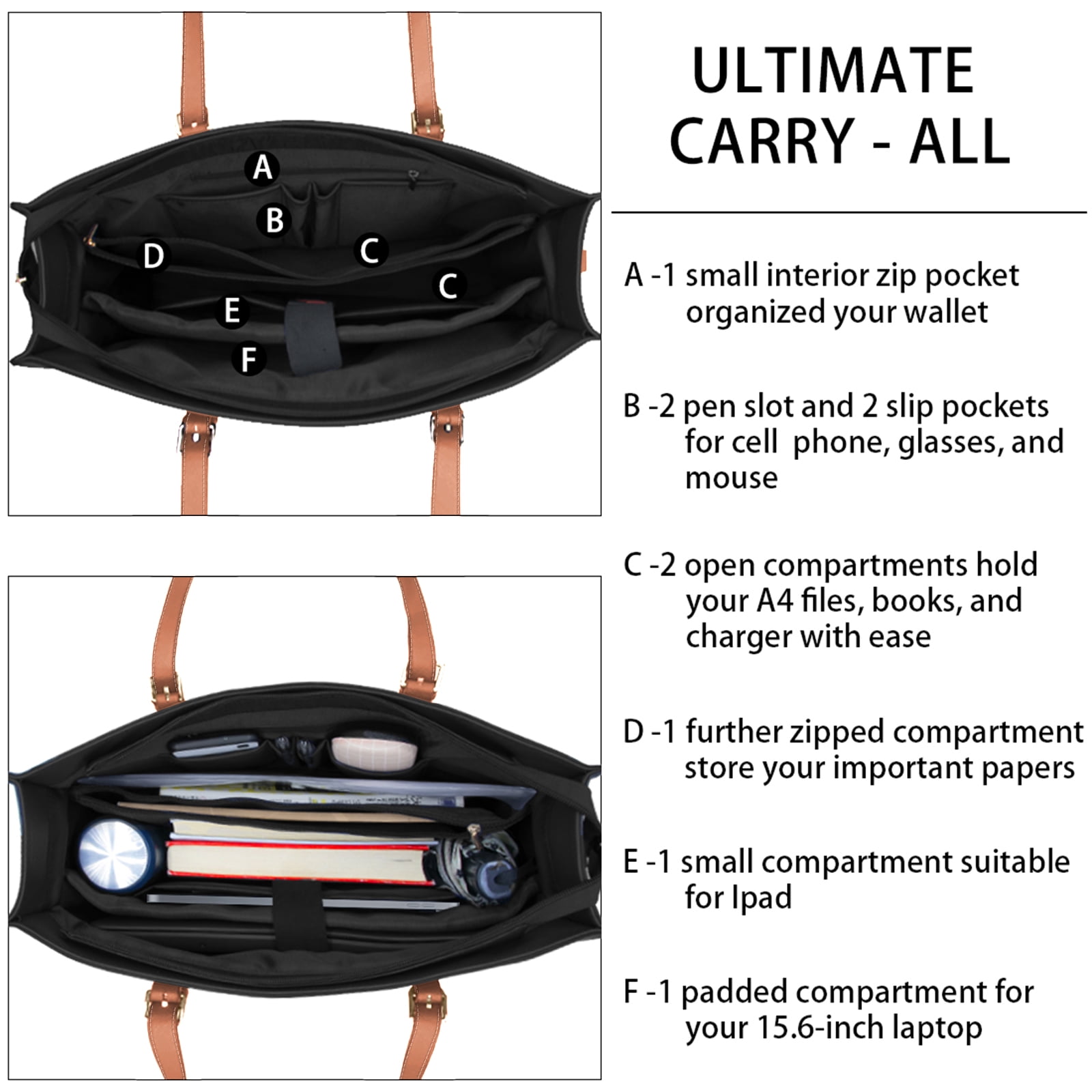 Laptop Bag for Women 15.6 Inch Computer Tote Bag Large Capacity Handbag Waterproof Lightweight Leather Business Office Briefcase Shoulder Bag Professional Office Work Bag,Black and Dark Brown