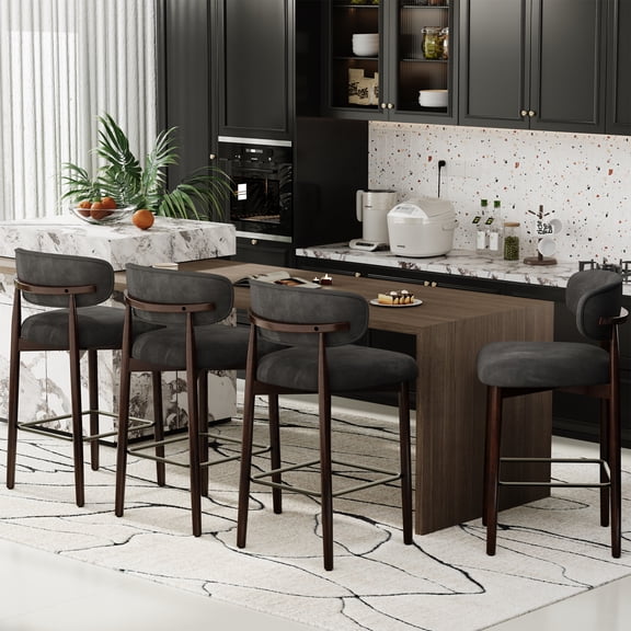 Modern 26" Counter-Height Bar Stools with Back, Linen Upholstered Seat & Cushion, Solid Wood Legs   Metal Footrest for Kitchen Island/Home Bar, Set of 2/4
