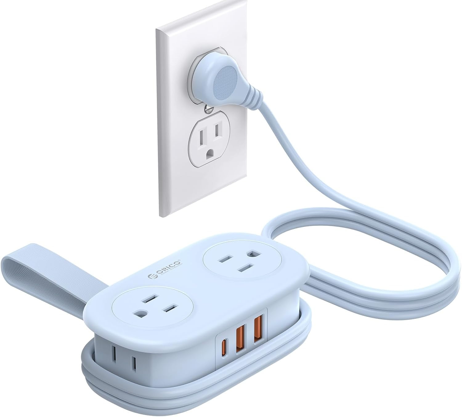 RGHJAR-Blue Travel Power Strip PD20W with 4 AC Outlets 3 USB Ports (1 USB-C), 4FT Flat Plug Extension Cord, Compact Portable Design for Business Travel, Cruise Ship Essentials-AP3