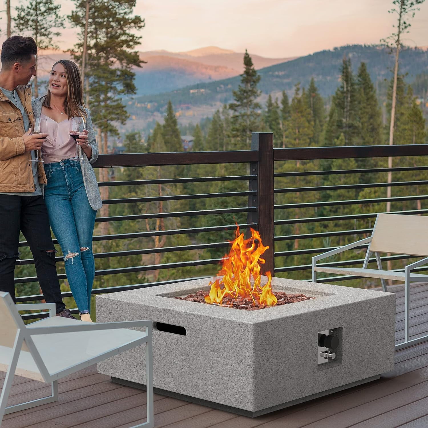 ESSENTIAL LOUNGER Outdoor Propane Fire Pit 50,000 BTU 35-inch Square Concrete Natural Gas Fire Table Outside Smokeless Firepit Furniture with Propane Tank Metal Stand