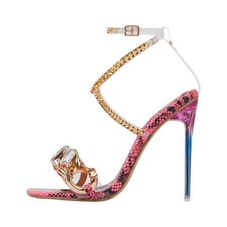 

Clearance VerPetridure Women s Sandals Summer Casual Sexy Snake Print Open Toe Rhinestone Metal Chain Buckle Square Toe High Heel Sandals