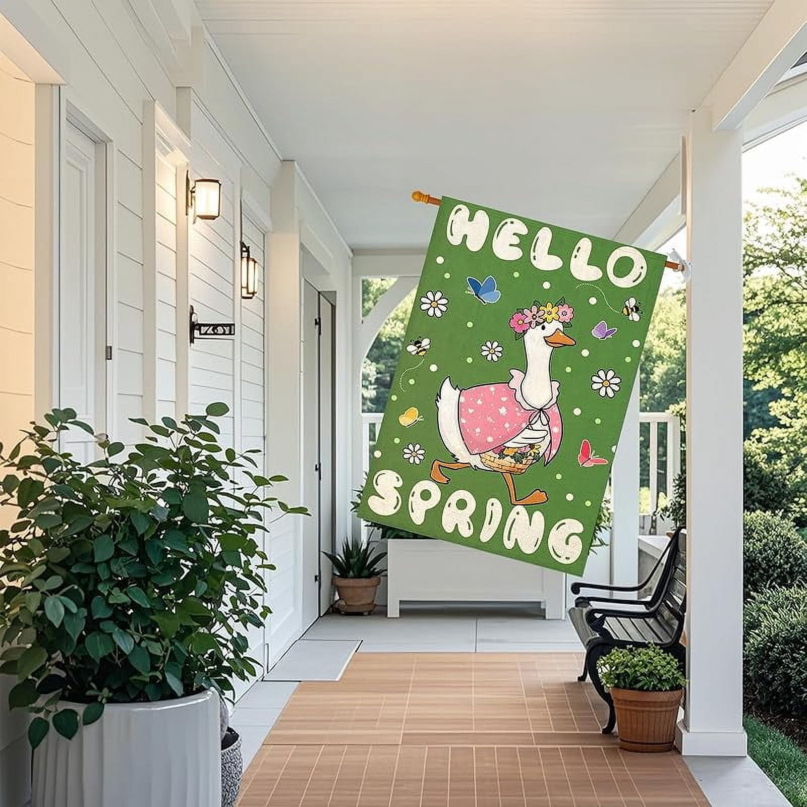 Hello Spring House Flags for Outdoor Decoration, Funny Goose with Flowers Large Yard Flag,Seasonal Decorative Decor for Holiday Summer Outside 28x40 Inch Vertical Double Sided