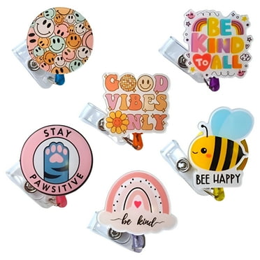 YJ Premiums 6PC Nurse & Teacher Badge Reel | Cute Funny Nursing Name Badge Retractable ID Clip Holder | Smiley Face Be Kind Bee Stay Pawsitive Boho Rainbow Gifts for Nurses Medical Accessories