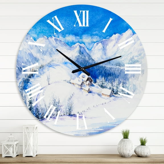 Designart 'Winter Mountain Landscape With Wooden House' Traditional Wall Clock