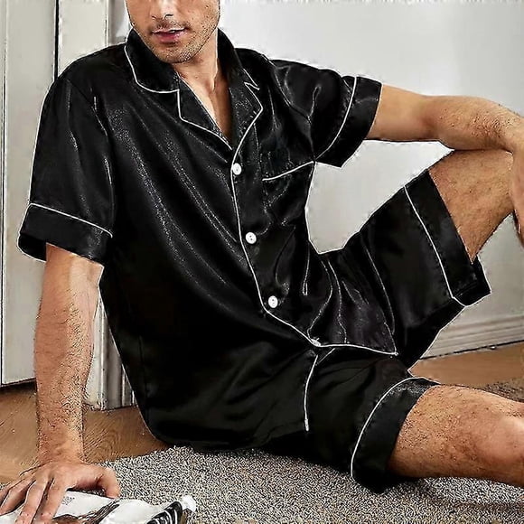 Men Satin Short Sleeve Pajama Set Summer Sleepwear for Man Button-Down Shirt & Elastic Waist Shorts Pajamas Home Clothes 2 Piece
