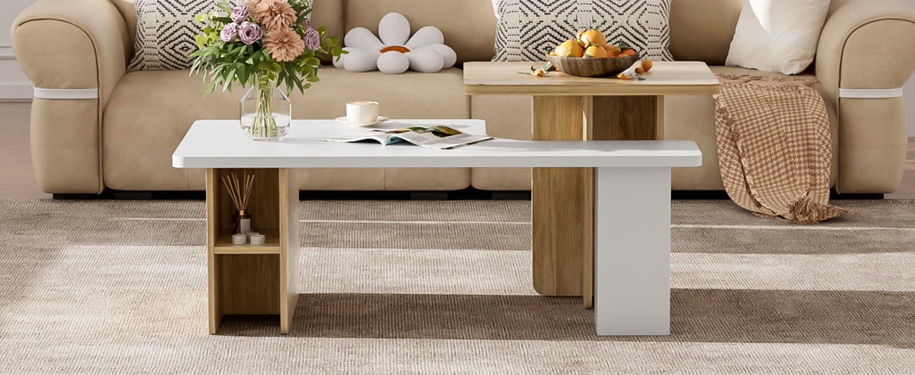 Euroco 2-Piece Nesting Coffee Table Set for Living Room, Modern Round Coffee Tables with Wood Grain Veneer, Space-Saving Layered Design, Particle Board Construction