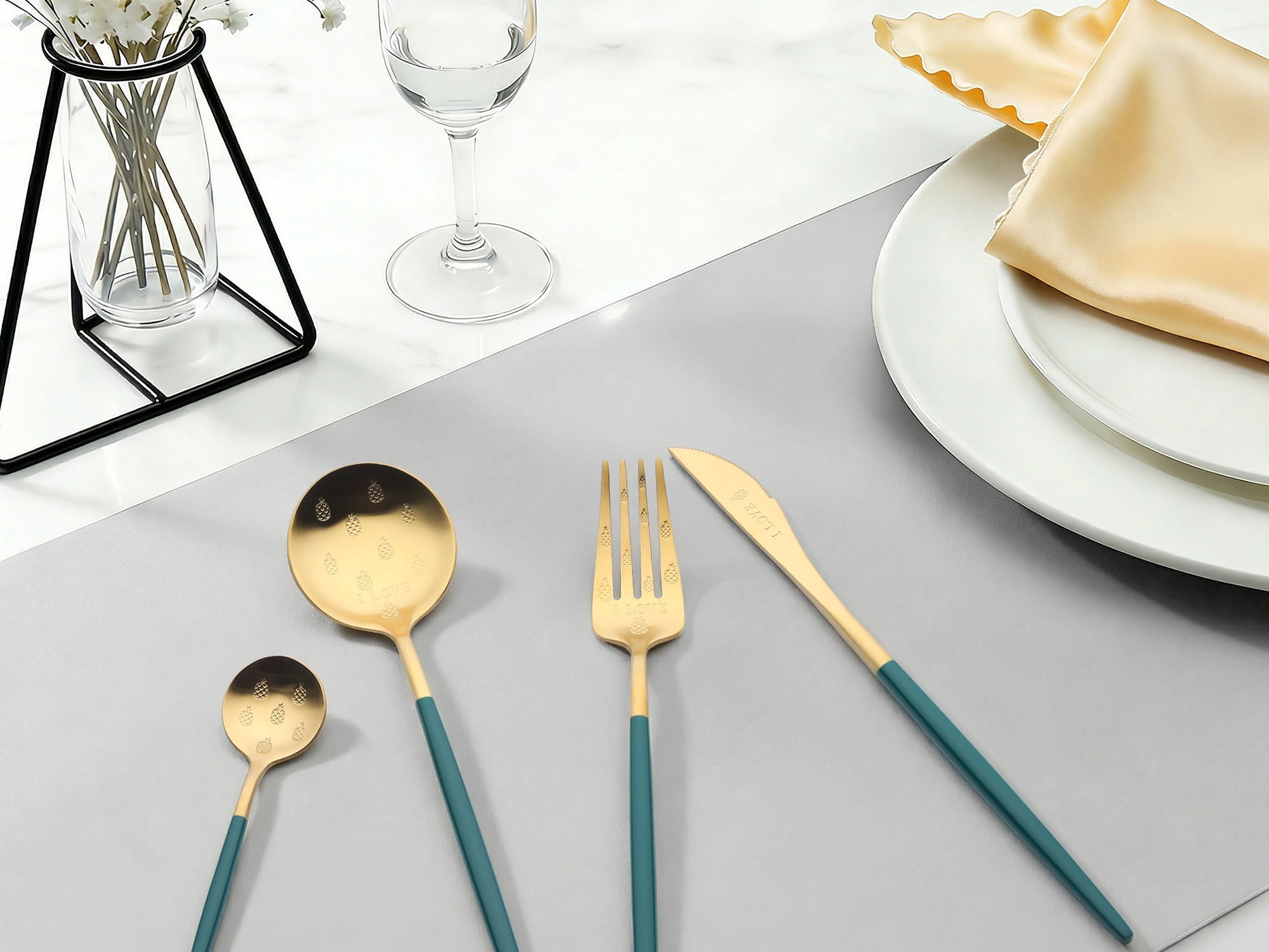 Unique Bargains 4 Piece Silverware Set, Stainless Steel Floral Flatware Set Green 4
