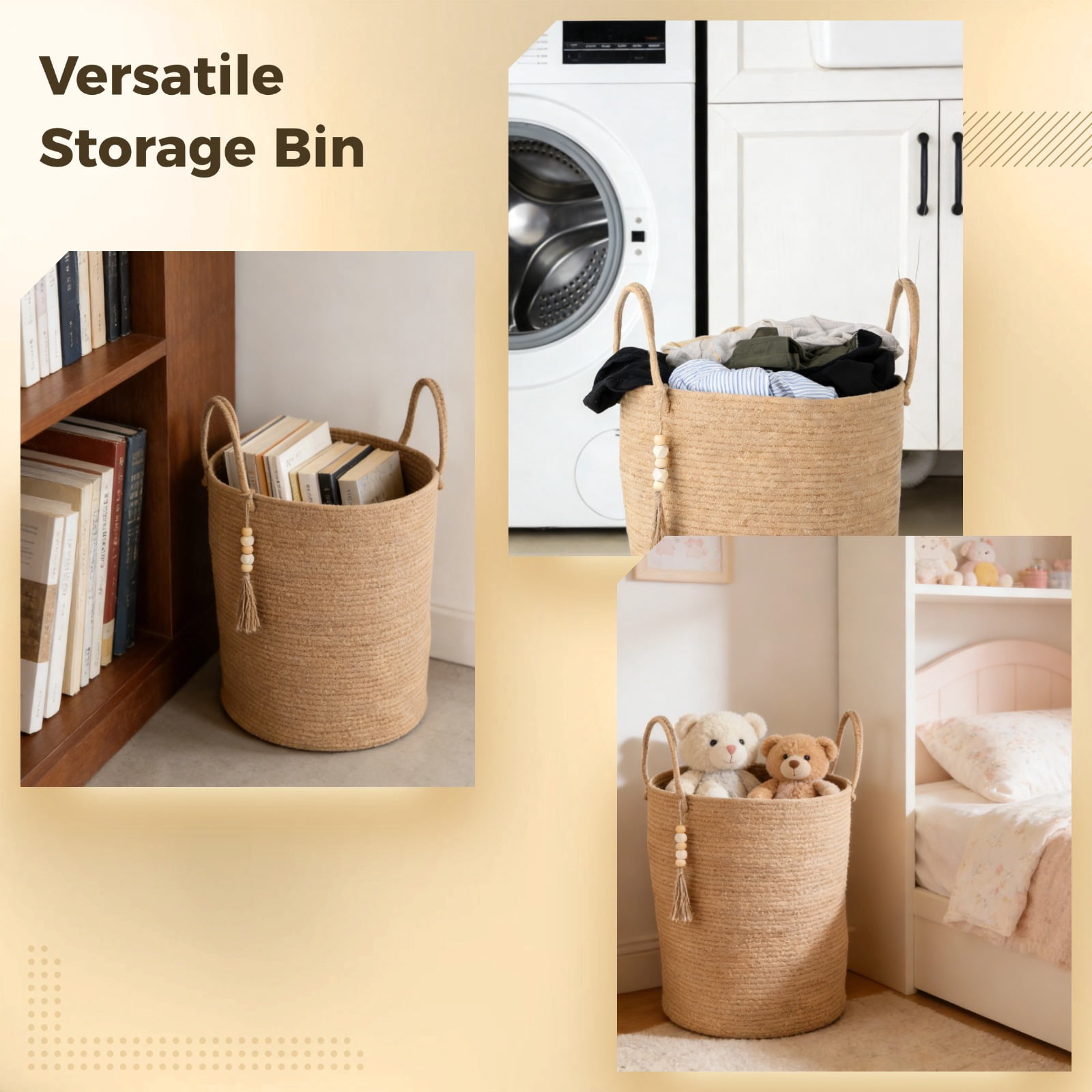 Cotton Rope Laundry Hamper Basket, 58 L Woven Laundry Basket with Handle, 19.7"x 15" Tall Storage Bin with Bead Tassel, Large Clothes Hamper, Toy Blanket Organizer for Living Room, Bedroom