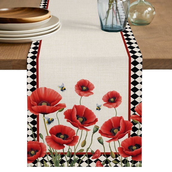 Table Runners 90 Inches Long Dress Scarves, Red Poppy Welcome Farmhouse Coffee/Dining/Kitchen Table Decor Table Runner for Living Room, Rustic Floral Black Buffalo Plaid 13x90 Inch