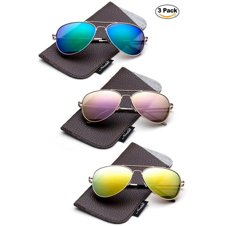 - Newbee Fashion -Comfortble High Quality Durable Fashion Metal Aviator Sunglasses for Girls & Boys Polular Flash Mirror Lens UV Protection with Carrying Pouch (4-16 Years)