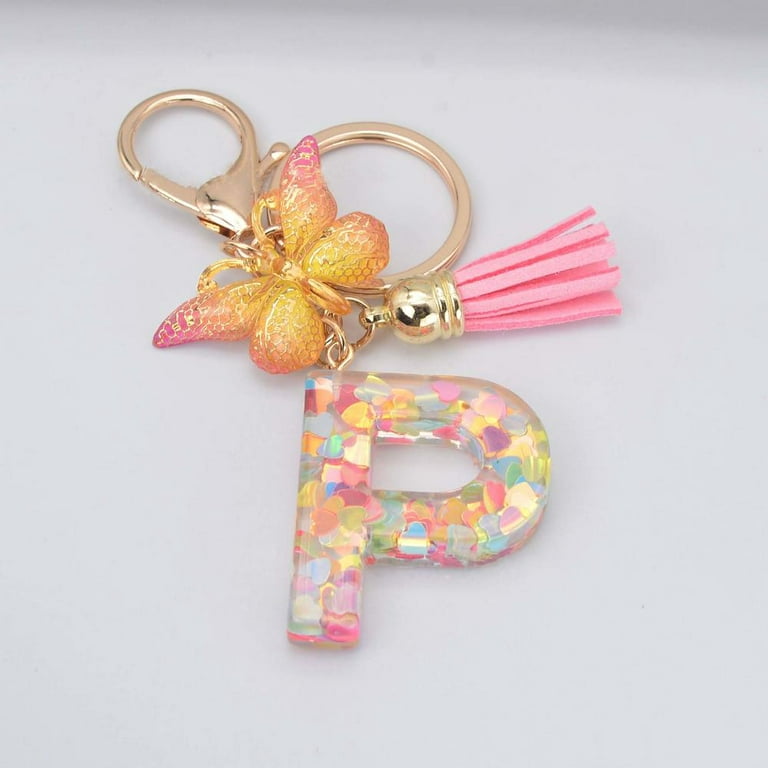 Keychains Accessories For Women Kids Cute Keychain Initial Letter Pink  Tassel Butterfly Car Key Chains