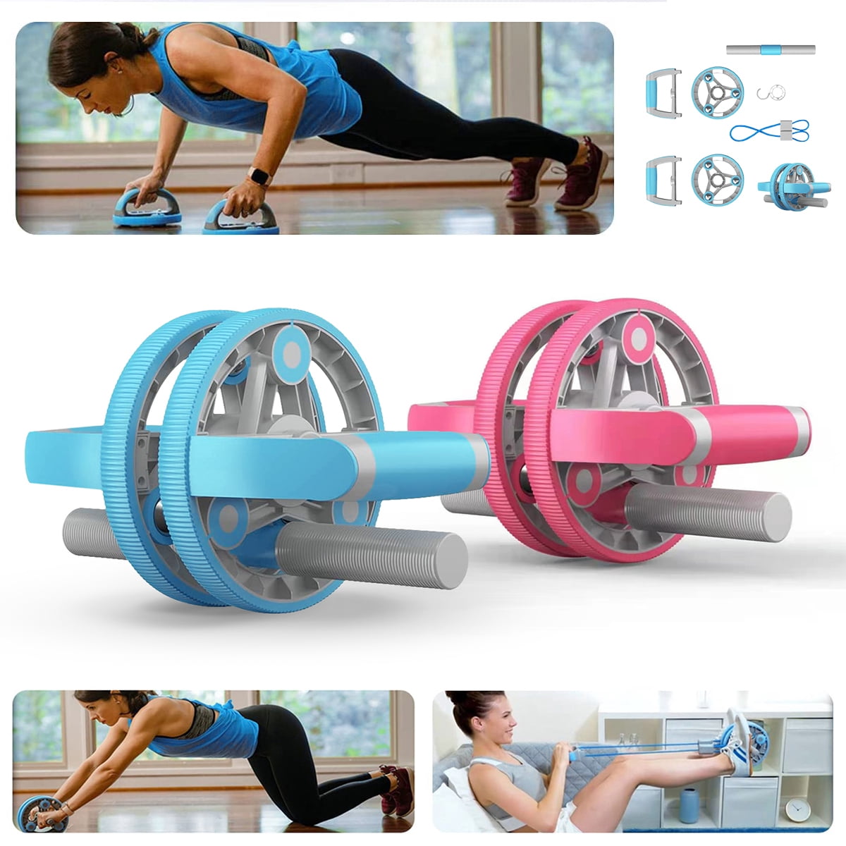 Zummy Abdominal Wheel Pull Strap Set Gym Fitness Training Set - Pink