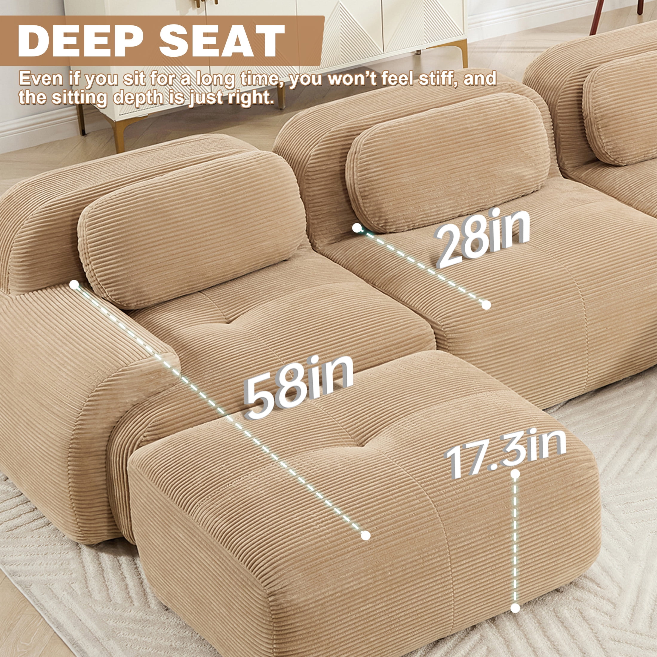 Aukfa 82" Modular Sectional Sofa, 28" Deep Seats, Corduroy Fabric, Cloud-Comfort Loveseat, Coffee