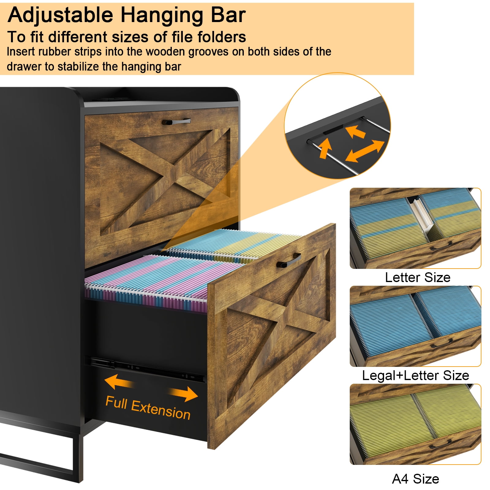 Vabches Lateral File Cabinet with Charging Station for Letter/Legal/A4 Size Hanging Files, Brown