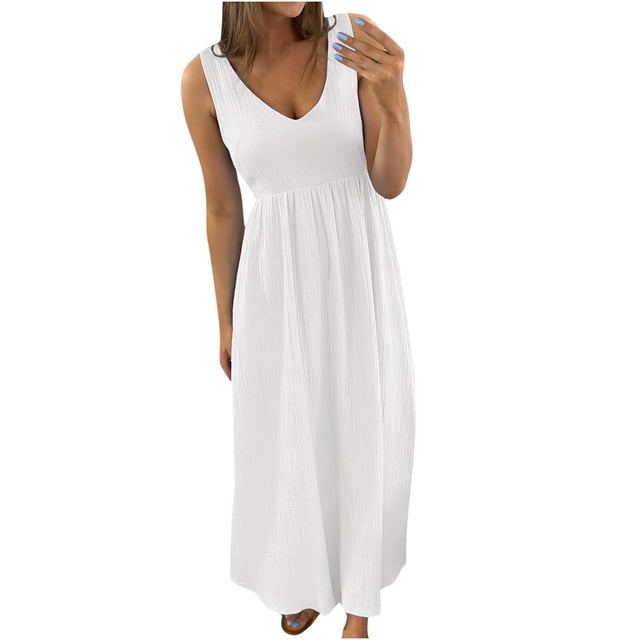 FAIWAD Robes d'Été Sans Manches pour Femmes Taille Haute Col en V Décontractées Fluides Robe de Plage Grande Taille à Volants Plissés