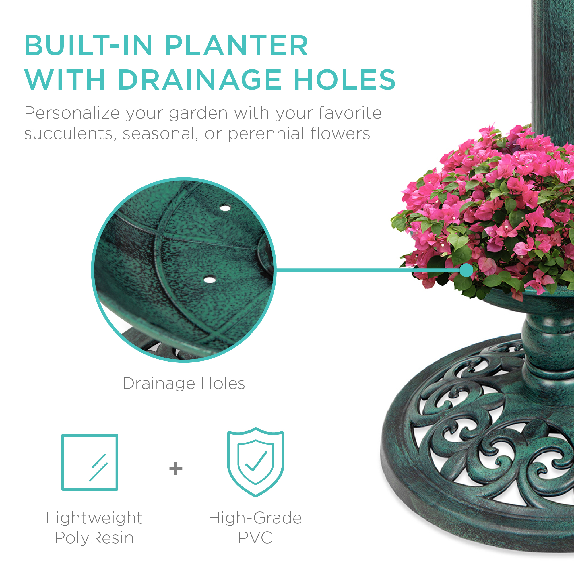Best Choice Products Solar Lighted Pedestal Bird Bath w/ Planter, Integrated Panel - Green - image 5 of 8