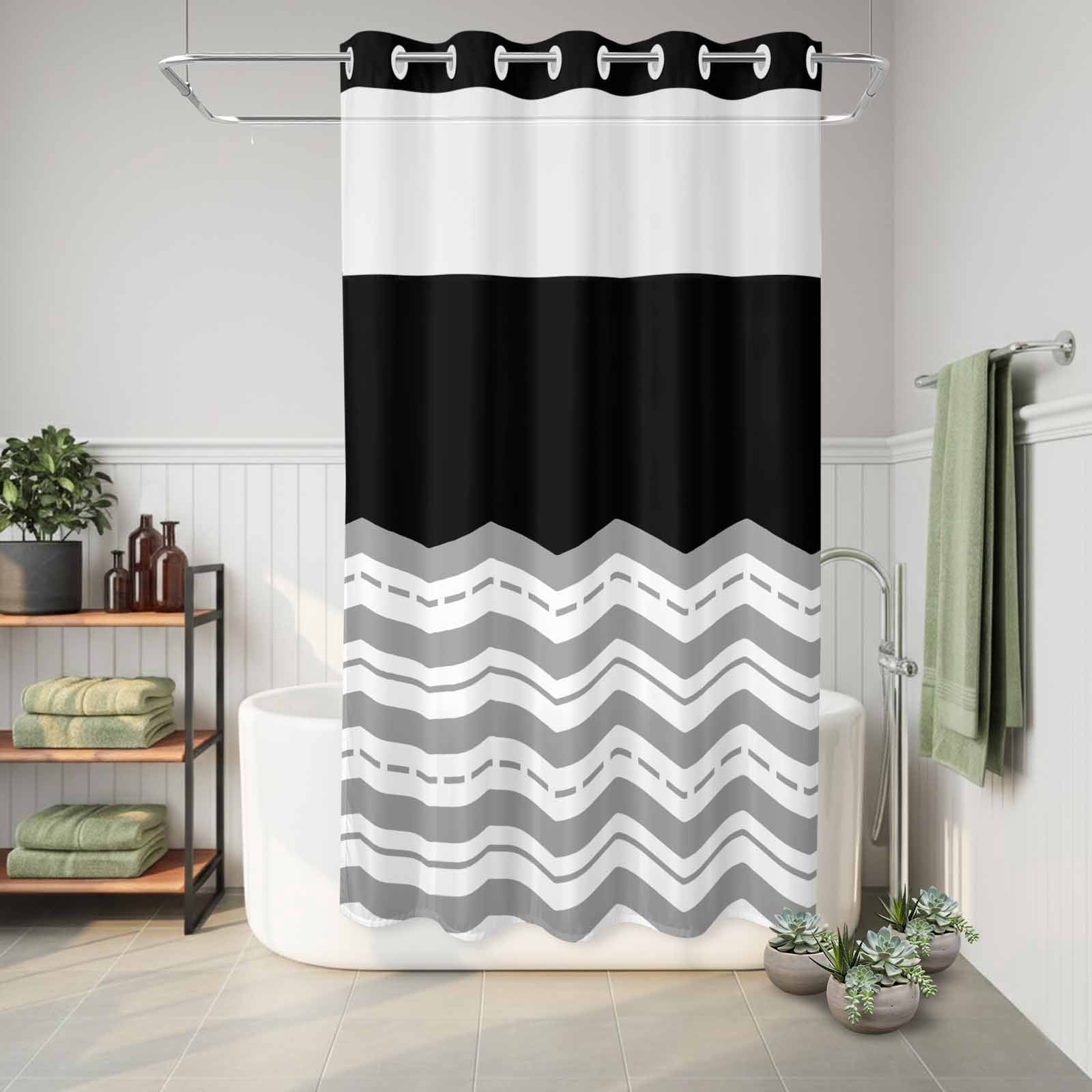 No Hook Shower Curtain Grey Waves Shower Curtain for Bathroom Black Chevron Stripe Bath Curtains Waterproof Fabric with See Through Top Window for Spa Hotel 36x72 Inch