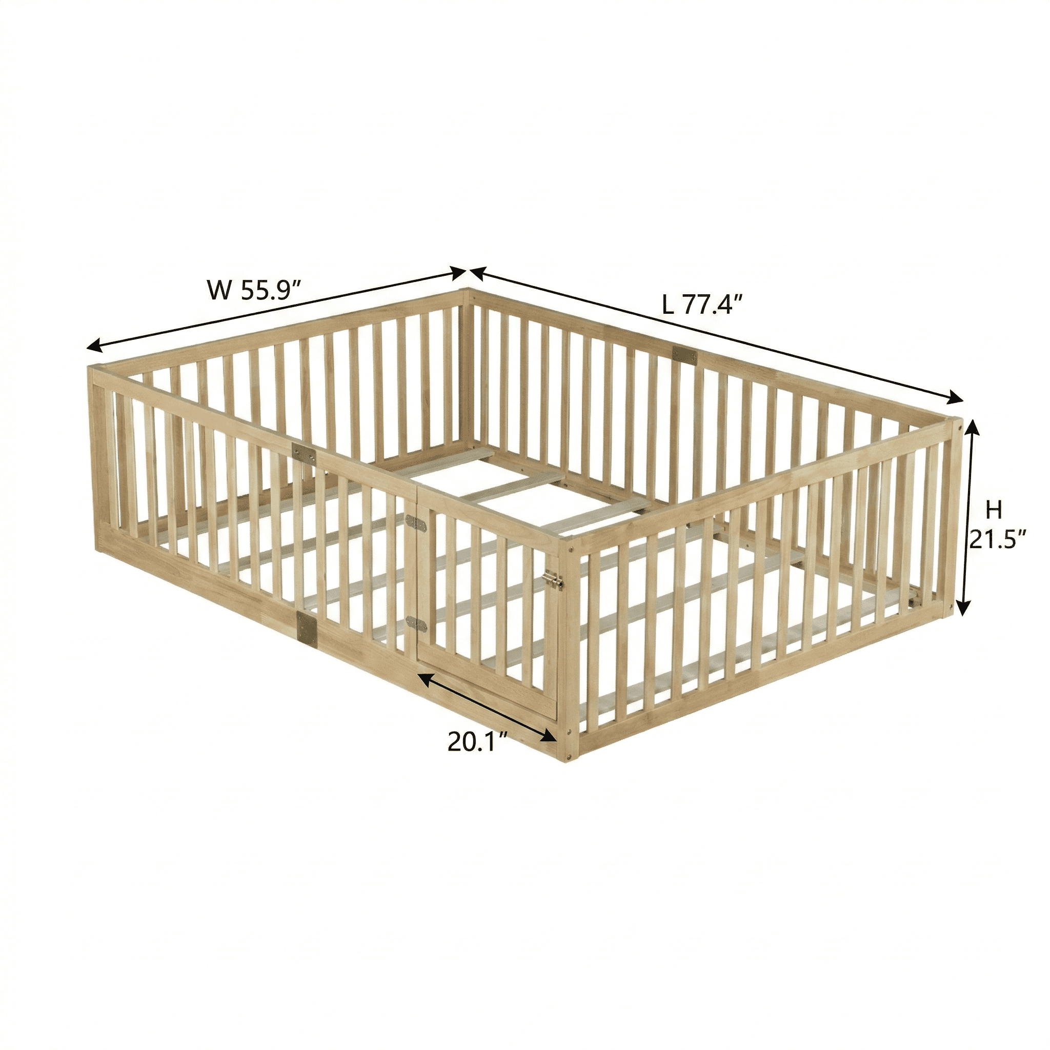 Sailvan Full Size Floor Bed with High Fence Railings, Door,6 Slats,Safety Guardrails,Rubber Wood