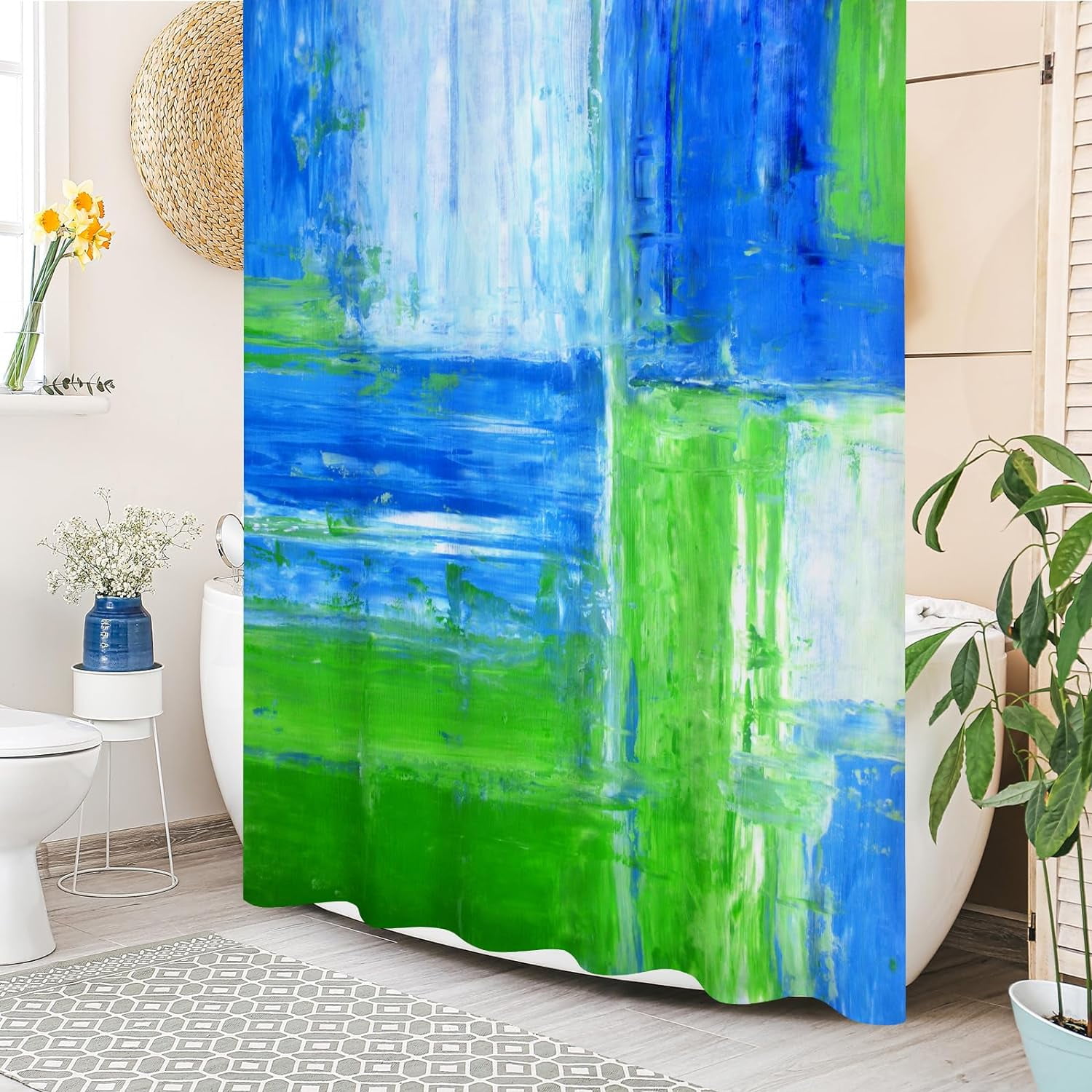 Small Stall Shower Curtain 36 x 72, Abstract Ombre Narrow Half Size Chic Shower Curtains for Modern Chic Bathroom Decor, Paint Brush Graffiti Design, Green and Blue