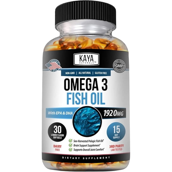 Kaya Naturals Omega 3 Supplement | Sea-Harvested Fish Oil Softgels with No Fishy Aftertaste | Omega 3 Vitamins | 30 Count