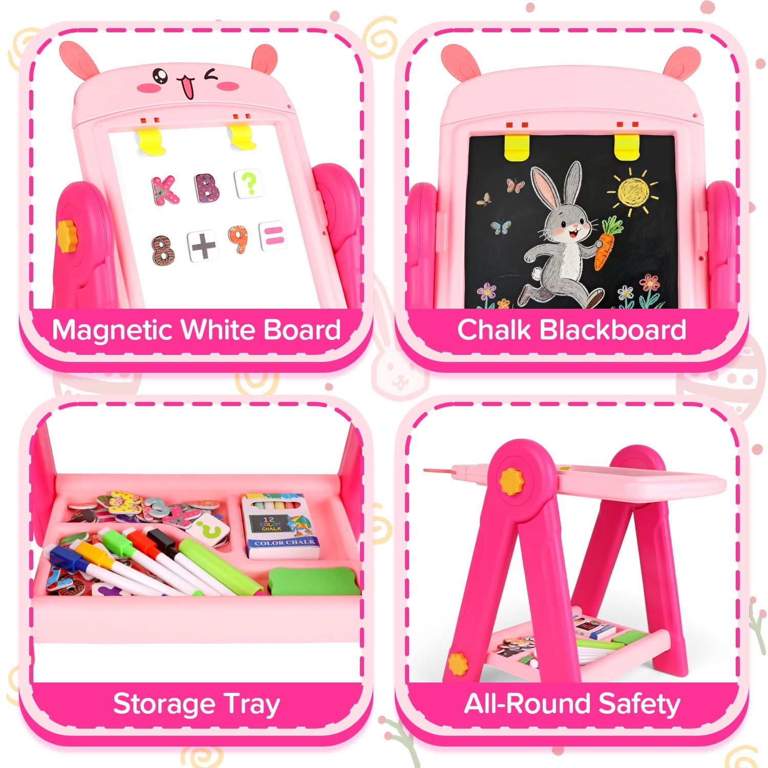 HopeRock Easel for Kids, Pink Rabbit Toddler Easel, Double-Sided Magnetic Whiteboard & Chalkboard, Toddler Art Set Educational Drawing Easel Gift for 2-6 Year Old Girls.