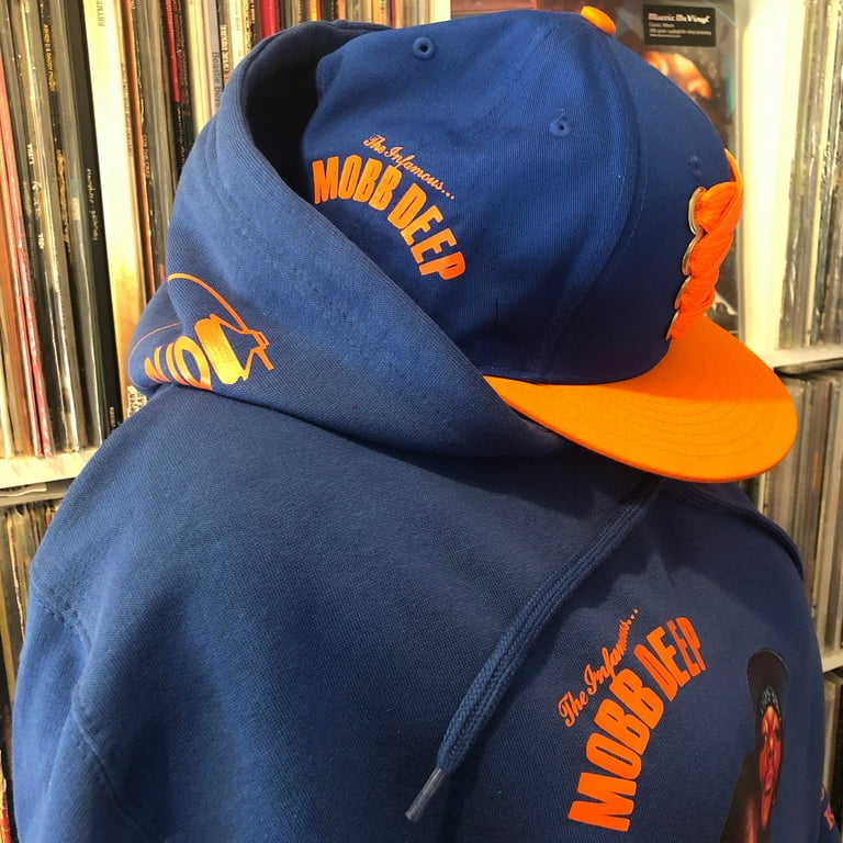 Mobb Deep hoodie. Blue “The Infamous” hoodie with orange logo and
