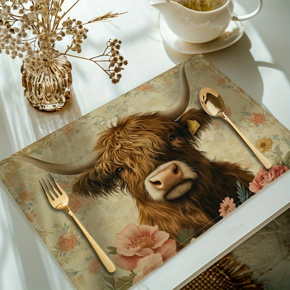 Highland Cow Fall Placemats Set of 4,Washable Heat Resistant 12×18 Inch Linen Table Mats Summer Fall Place Mats for Party Outdoor Dining Décor