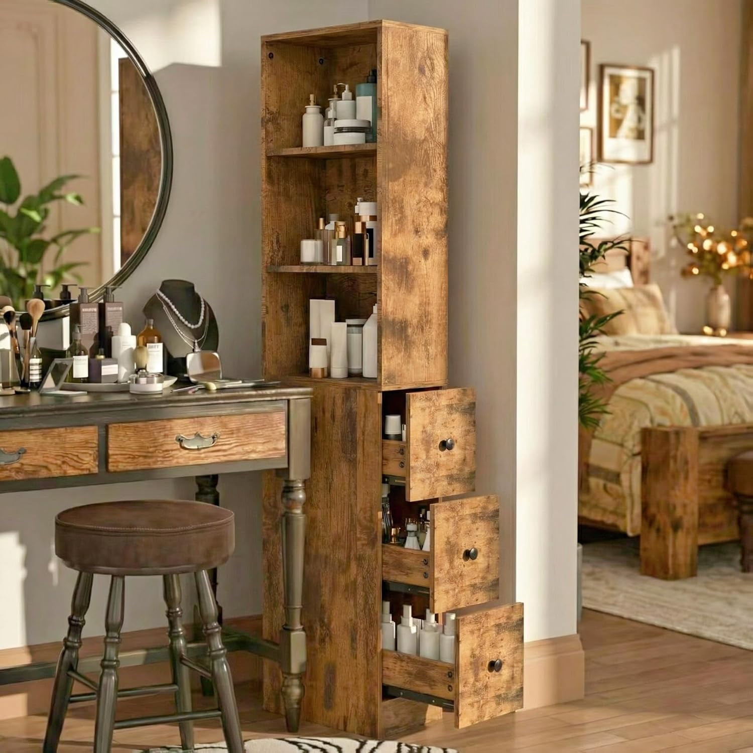 Storage Cabinet Tall Narrow Bathroom Organizer with 3-Level Adjustable Shelves Slim Free Standing Space Saver for Living Room Kitchen, Rustic